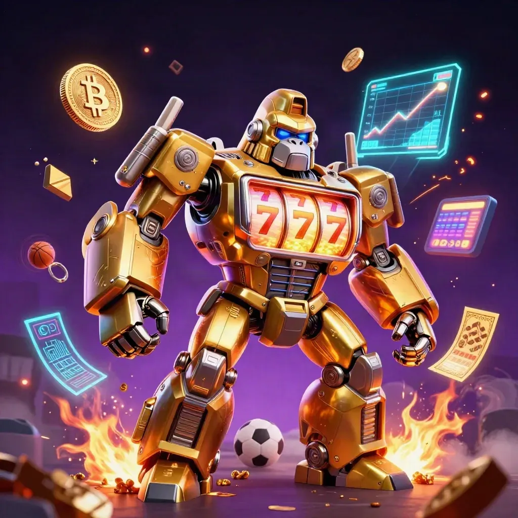 Gorila mech emas dengan pilot monyet, koin kripto, bola olahraga, cahaya neon di latar ungu gelap.