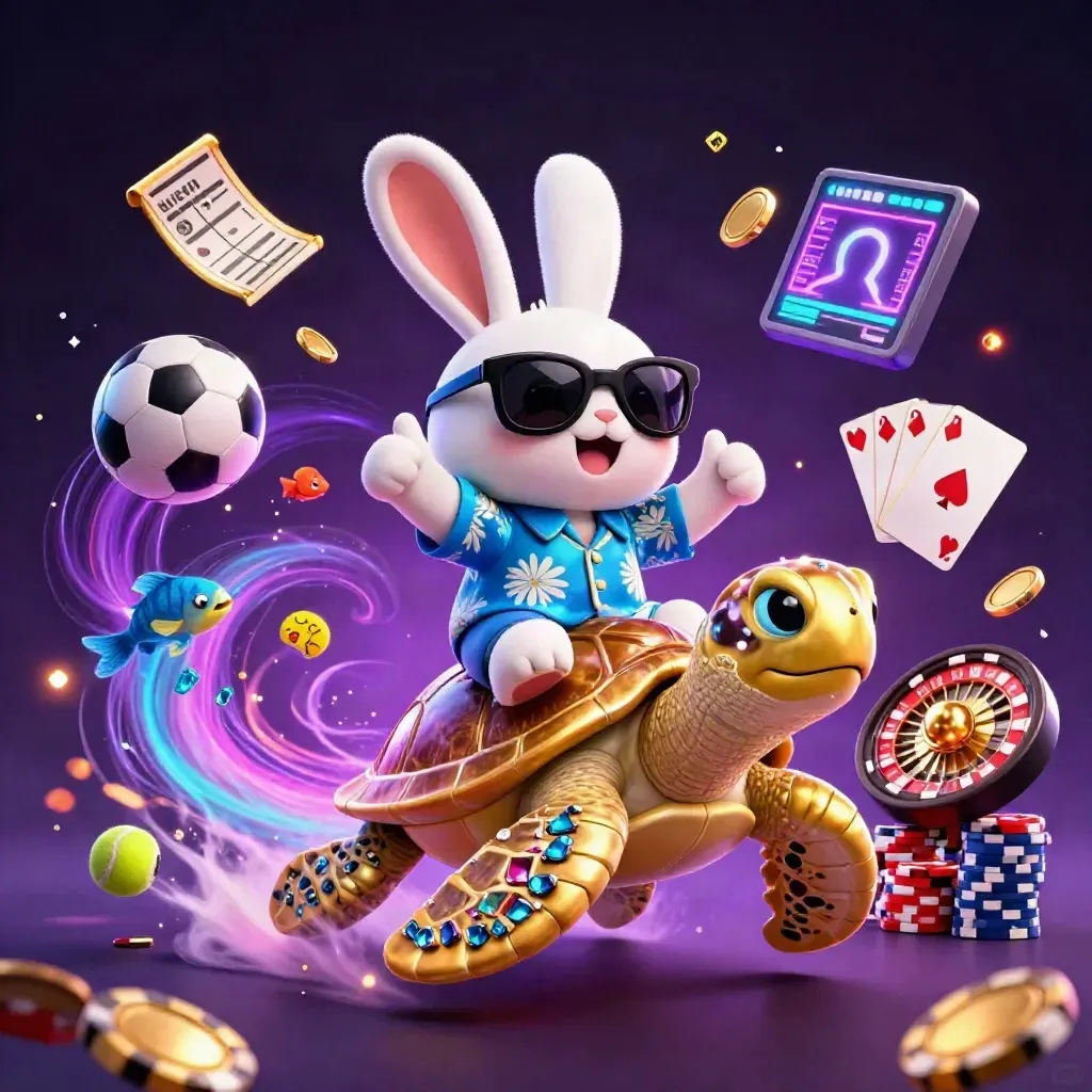 Kelinci hoki 3D naik kura-kura emas, bola olahraga dan koin meledak di latar ungu neon.