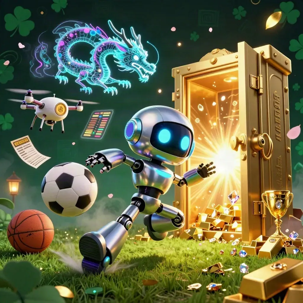 Robot cyberpunk, naga hologram, dan bola kasino meledak di turf hijau gelap.