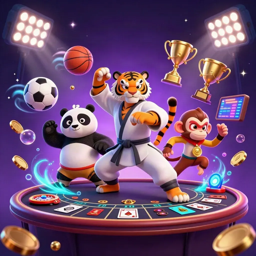 Harimau kung-fu, panda, dan monyet di kasino neon futuristik dengan bola olahraga dan cahaya mewah.