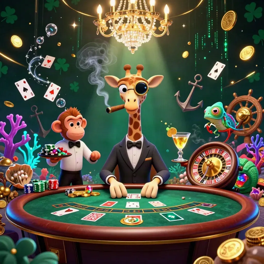 Jerapah high-roller, monyet valet, dan bunglon bartender di kasino mewah emas-cyan berlatar zamrud gelap.