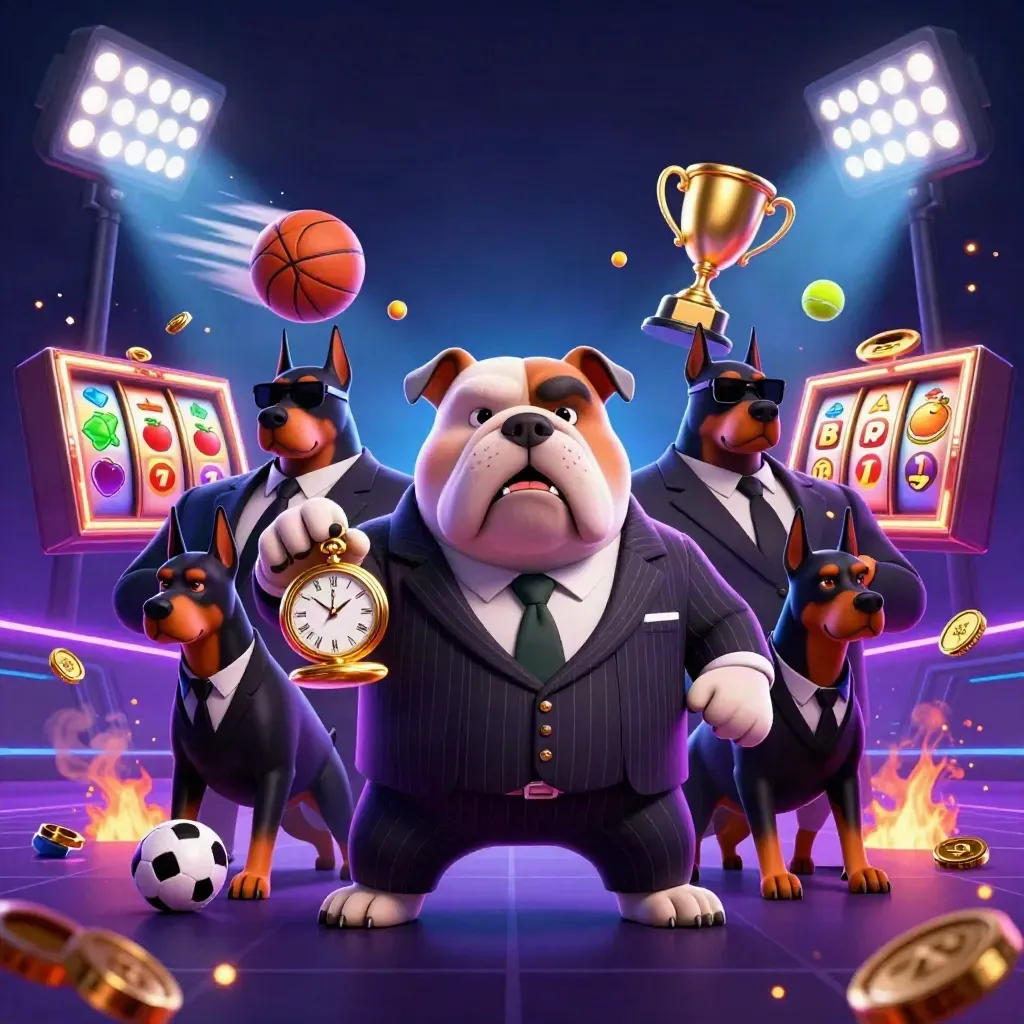 Bulldog mafia dan dua doberman di tengah ledakan bola, koin, dan cahaya neon kasino.